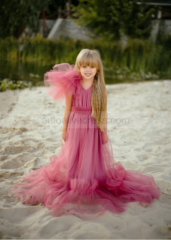 V Neck Dusty Rose Tulle Maxi Flower Girl Dress